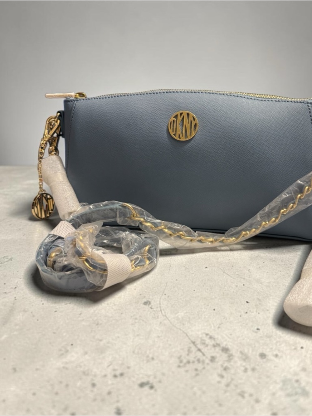 DKNY Dusty Blue Saffiano Crossbody with Gold Chain